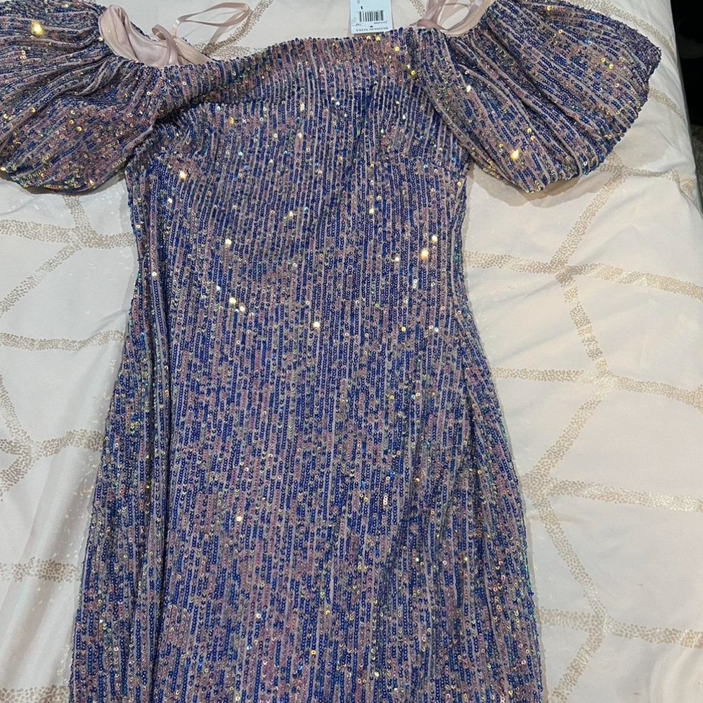 Macy's Purple and Gold Off-Shoulder Mini Dress